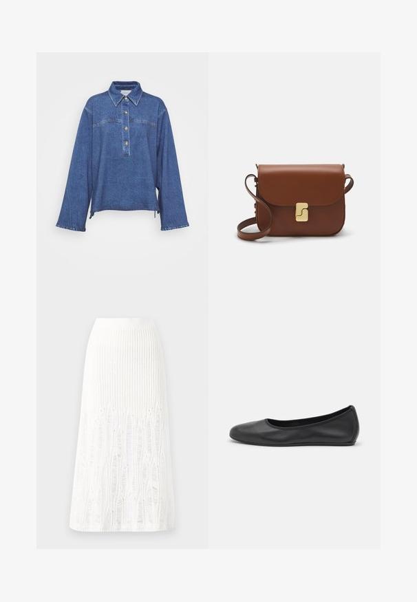 Tumed sinine teksajack, pikade varrukatega, krae ja viie nööbiga rinnaosa, õrnalt pleekinud tekstuuriga. Omab külghemmi lõhet.; Valge lühikeste varrukatega T-särk ribatud kangast. Ümara kaelusega, tavalisest sobivusest ja peente õmbluse detailidega. Ilma mustrite või graafikateta.; Kootud valge midi seelik, millel on tekstuurine muster vertikaalsete joonte ja lõike-detailidega hemmi lähedal. Elastne vöökoht. Pehme materjal.; Musthave mustika tantsutossud mustast nahast, ümmarguse varbaga, siledast tekstuurist, minimaalse õmblusdetailiga ja paindliku tallakujundusega.; Pruunist nahast käekott, millel on klapiga sulgur, kuldne riistvara, õlarihm ja sile tekstuur. Kompaktne ristkülikukujuline vorm.