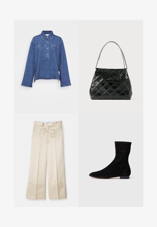 Chemise en denim bleu foncé à manches longues, col classique, patte de boutonnage à cinq boutons et texture légèrement délavée. Présente un ourlet fendu sur les côtés.; Pantalons beige à jambes larges en tissu lisse avec une taille haute, un devant plissé et un ourlet replié, dotés de poches latérales et d'une finition soignée.; Bottine en suede noir avec une tige ajustée, un bout pointu et un petit talon bloc. Texture lisse et design minimaliste, adaptée à un styling polyvalent.; Sac à main en cuir matelassé noir avec une poignée en chaîne argentée, présentant un design structuré et une texture lisse.