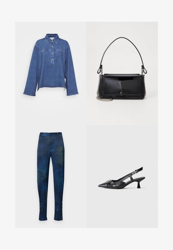 Denimskjorte i mørkeblå med lange ærmer, krave, fem-knaps lukning og subtilt falmet tekstur. Har en delt søm i siderne.; Blå og grønne mønstrede bukser med slim fit, der har en glat tekstur og dekorative knapdetaljer ved anklen.; Sort lædersandal med spids tå, dekorative stropper med metaløjer og en lav blokhæl. Struktureret overflade.; Sort patenteret læder håndtaske med rektangulær form, kædestrop, og et særpræget hardwaredetalje i midten. Glat tekstur.