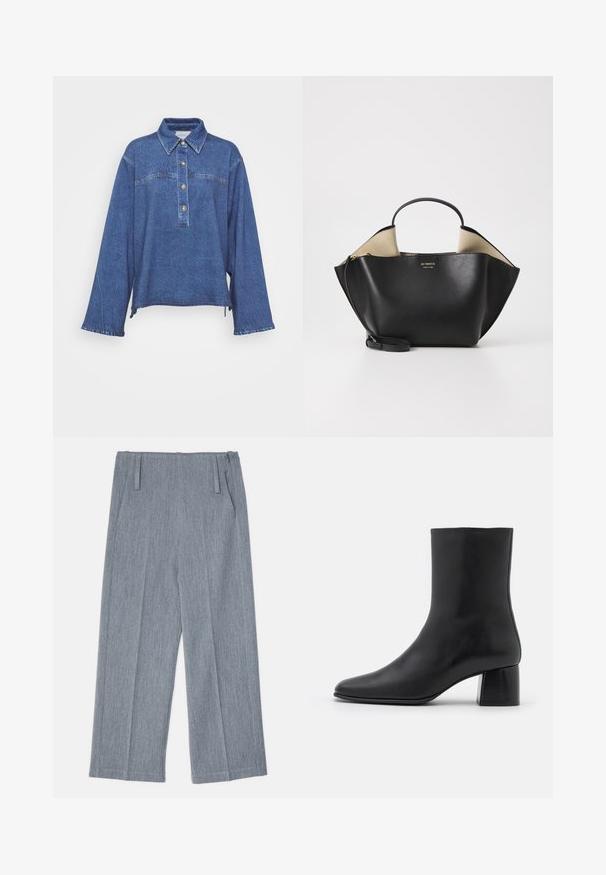 Chemise en denim bleu foncé à manches longues, col classique, patte de boutonnage à cinq boutons et texture légèrement délavée. Présente un ourlet fendu sur les côtés.; Pantalons larges gris clair en tissu texturé, avec deux plis avant et deux poches latérales. Design épuré et ajusté.; Bottine en cuir noir avec un bout pointu et un talon carré épais. Texture lisse avec un design sans coutures et descoutures minimalistes.; Ree Projects ANN TOTE MINI - Sac à main - black