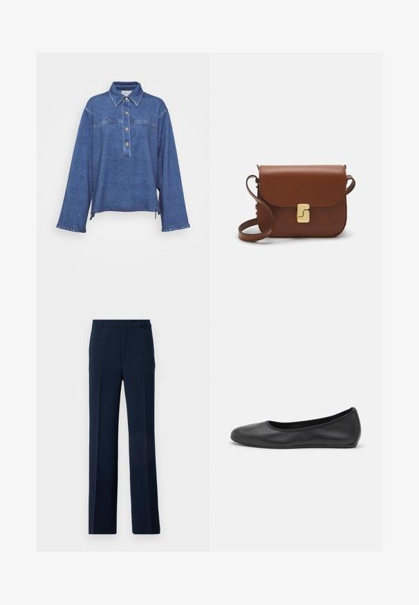Denim overhemd in donkerblauw met lange mouwen, kraag, vijfknops sluiting en subtiele vervaagde textuur. Heeft een gespleten zijhem.; Marineblauwe broek van glad stoffen, met een recht model, vooraan geplooid en met zijzakken voor een verfijnde uitstraling.; Zwarte leren ballerina met een ronde neus, gladde textuur, minimale stikdetails en een flexibele zoolontwerp.; Bruine leren handtas met een klep sluiting, gouden hardware, een schouderband en een gladde textuur. Compact rechthoekige vorm.