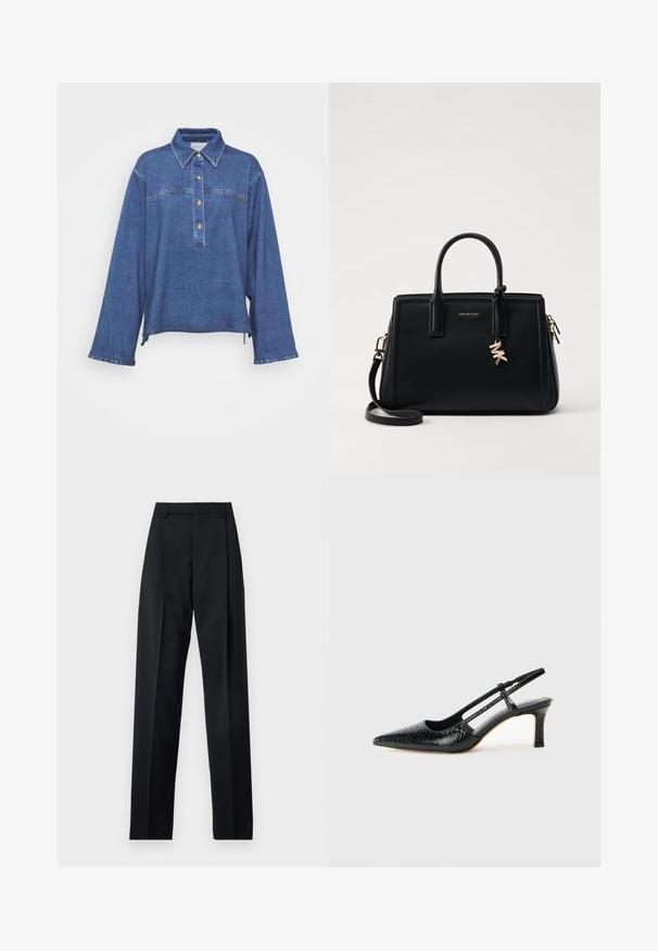 Denimskjorte i mørkeblått med lange ermer, krage, fem-knappslukking og subtilt falmet tekstur. Har splittet sidekant.; Svarte bukser laget av glatt stoff, med høy midje, vide ben, frontfolder og klassiske beltehemper. Ingen synlige sidelommer.; Sorte patent slingback hæl med spids tå, featuring tekstureret slangeskind, justerbar rem og en kort, tekstureret blokhæl.; Svart skinnhåndveske med strukturert design, doble topphåndtak, avtakbar skulderrem, gullfarget hardware og en logo-detalj.