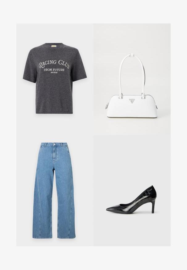 Grauer kurzärmeliger Pullover aus weichem Material, mit dem weißen Grafiktext "RACING CLUB FROM FUTURE EST.2018" auf der Vorderseite.; Helle blaue weit geschnittene Jeans aus Denim, mit hoher Taille, geradem Schnitt und kontrastierenden Nähten entlang der Nähte.; Schwarze spitz zulaufende High Heels mit glänzender Oberfläche und subtilem Texturmuster. Verfügt über einen moderaten Absatz und ein offenes Schlüpfen-Design.; Weiße Lederhandtasche mit geschwungener Form, versehen mit einem silbernen dreieckigen Logo und einem Reißverschluss. Glatte Textur und zwei Griffe.
