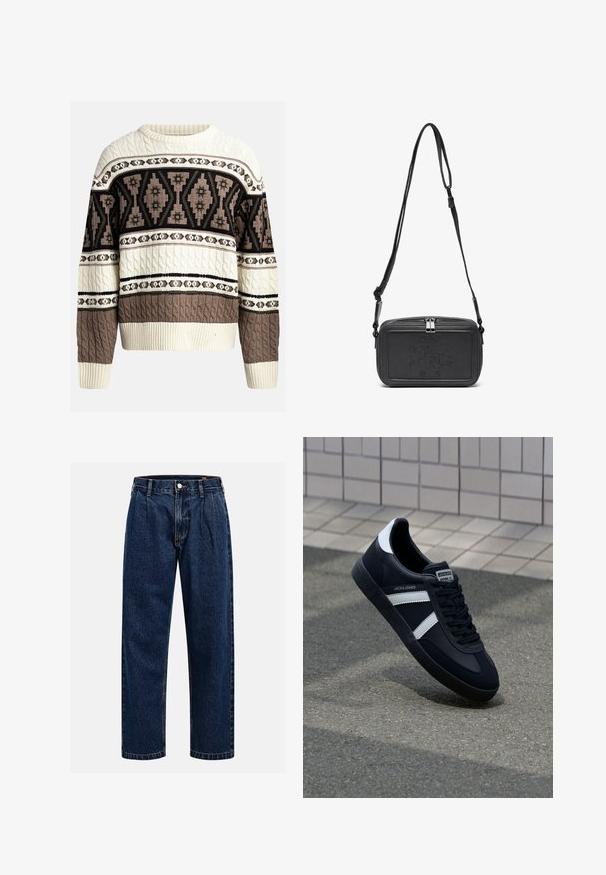 Creme og brun kabelstrikket sweater med geometriske og blomster-mønstre over brystet og ærmerne, med ribbede manchetter og kant.; Cremefarvet bomulds t-shirt med korte ærmer og rund halsudskæring. Har et grafisk print i blåt og rødt med tekst og motiv.; Mørkeblå denimjeans med lige ben-design. Har synlige syninger, en knaplukning og frontfoldninger for ekstra detalje.; Sort lædersneaker med hvide striber, tekstureret gummisål og snørrebånd foran. Har et brandet mærke på tungen.; Sort læder crossover taske med lynlåslukning, præget logo på fronten og justerbar rem. Glat tekstur med rektangulær form.