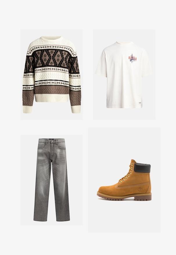 Cream and brown cable-knit sweater with geometric and floral patterns across chest and sleeves, featuring ribbed cuffs and hem.; Cream cotton t-shirt with short sleeves and a crew neckline. Features a graphic print in blue and red with text and a motif.; Gray denim jeans with a loose fit, featuring whiskering and fading details, a classic five-pocket design, and a button closure.; Tan suede ankle boot with black padded collar, gold metal eyelets, white stitching detailing, and rugged rubber sole with pronounced treads.