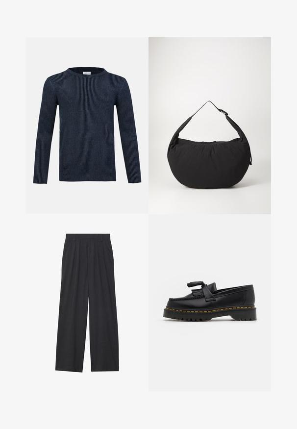 Námořnický žebrovaný pletený svetr s dlouhými rukávy, kulatým výstřihem a texturovaným vzorem. Vyrobeno z měkké tkaniny, s úzkým střihem.; Široké kalhoty vyrobené z tmavě šedé látky. Mají plisování v pase, střih na míru a rovný siluetu.; Černé kožené mokasíny s třásněmi, se silnou černou podrážkou a žlutým prošíváním podél okraje. Texturovaný povrch.; Černá látková taška přes rameno s zakřiveným tvarem, vybavená jedním popruhem a zipovým uzávěrem. Měkká textura, minimalistický design.