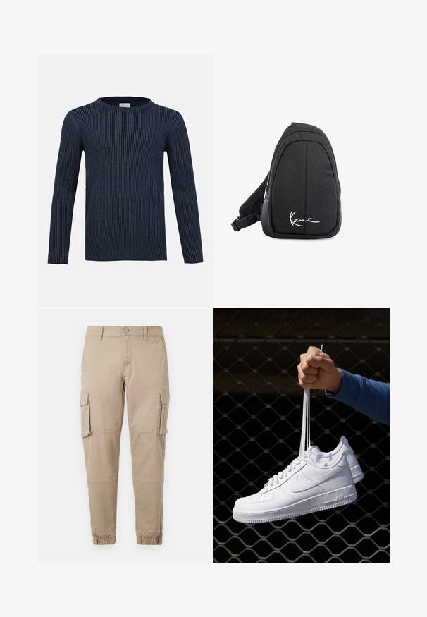 Maglione a coste navy con maniche lunghe, scollatura a girocollo e motivo testurizzato. Realizzato in un tessuto morbido, presenta una silhouette aderente.; Pantaloni cargo beige in un leggero cotone. Presentano polsini elasticizzati, molteplici tasche laterali e una chiusura con bottone.; Sneakers in pelle bianca con perforazioni, punta rotonda, suola piatta e lacci spessi, con logo swoosh visibile e "AIR" sul tallone.; Zaino a tracolla in tessuto nero con una superficie liscia, caratterizzato da un design curvo, scomparto con zip e un logo bianco sul davanti.