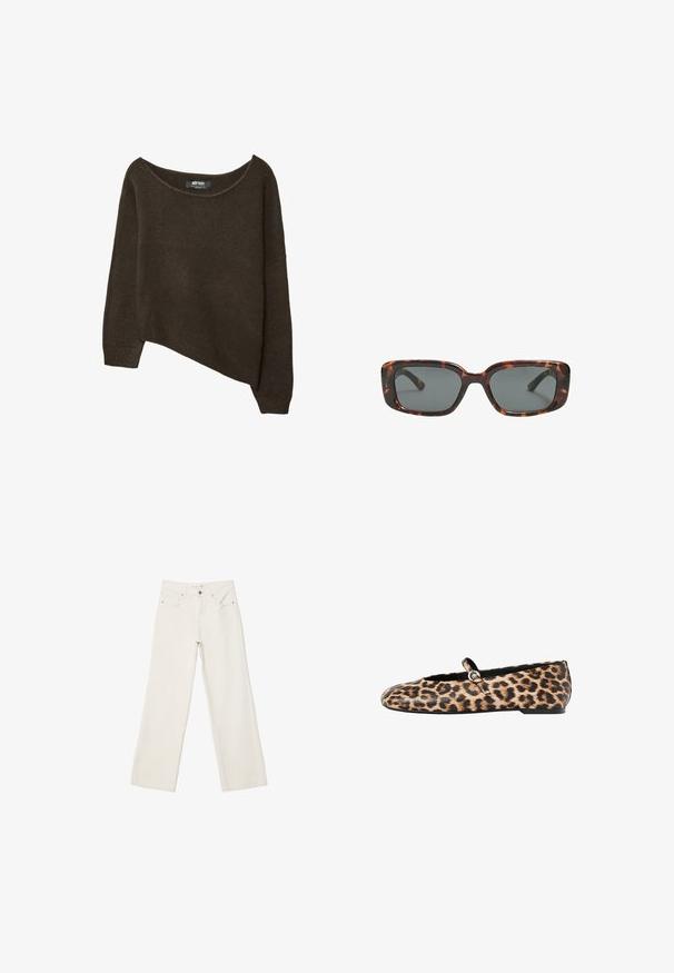 Maglione marrone a maglia sciolta con orlo asimmetrico e scollatura ampia. Tessuto morbido con polsini a coste e un'etichetta sulla scollatura interna.; Jeans bianchi a gamba larga in denim, con vita alta, tasche anteriori e chiusura con bottone. Design pulito e minimal con pochi dettagli.; Ballet flat con stampa leopardata, caratterizzata da un accento nero attorno all'apertura e una piccola cinghia con fibbia metallica. Parte superiore in tessuto strutturato, suola piatta.; Occhiali da sole tartaruga con lenti rettangolari, montatura spessa e lenti scure. Texture liscia e design minimalista.