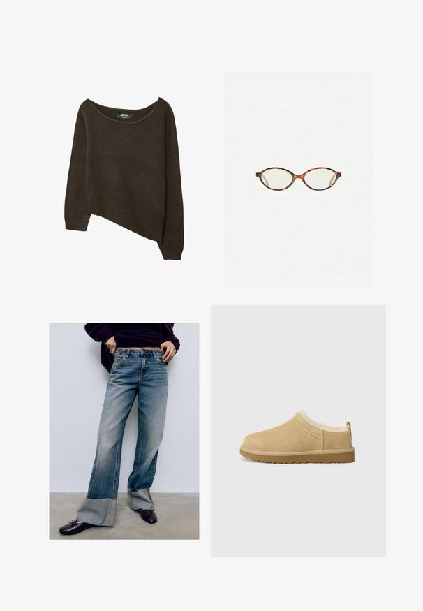 Pull en tricot lâche marron avec un ourlet asymétrique et un col large. Texture douce avec des poignets côtelés et une étiquette à l'intérieur du col.; Jeans en denim bleu clair à jambes larges avec des ourlets effilochés, présentant des coutures contrastantes et une coupe décontractée. Associés à des chaussures plates foncées.; Chaussure en daim à enfiler de couleur beige clair, dotée d'une douce doublure en fourrure et d'une semelle en caoutchouc texturé avec un léger talon et une sangle à l'arrière pour un enfilage facile.; Lunettes en écaille de tortue avec des verres ovales et une finition lisse et élégante. Présente des branches fines avec une courbure subtile au niveau des tempes. Verres transparents.