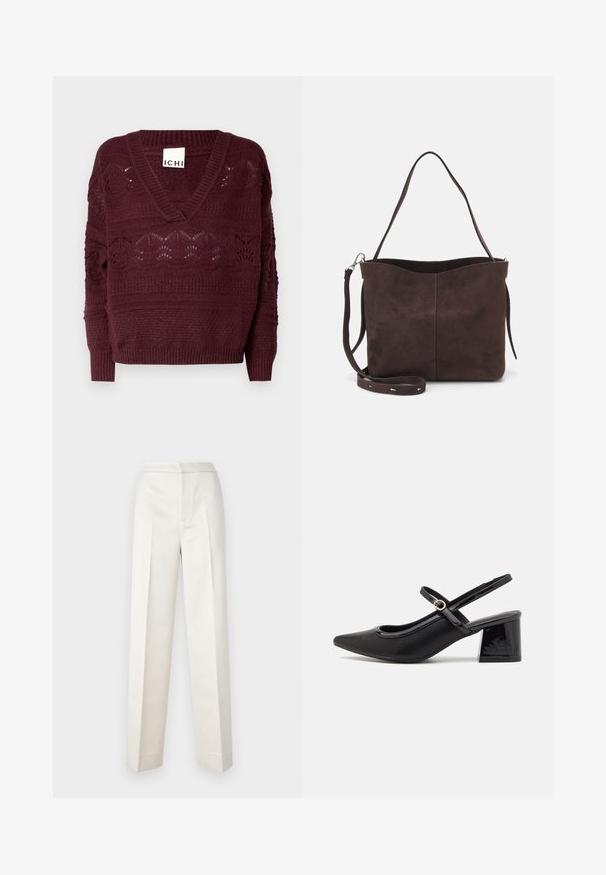 ICHI ASTRA - Pullover - port royale solid; Chemise blanche à boutons, en coton. Elle présente un col, des manches longues et une coupe décontractée. Texture lisse sans motifs visibles.; Pantalon couleur crème avec une coupe cintrée, présentant une jambe droite, un tissu lisse, des plis à l'avant et un ourlet propre. Design minimaliste.; Escarpins slingback en cuir verni noir avec un embout pointu, un design à découpes arrondies et un talon carré. Présente un accent de boucle en ton doré.; Sac fourre-tout en suède brun avec une texture douce, présentant une seule bandoulière et une ouverture supérieure légèrement courbée. Aucun détail de matériel visible.