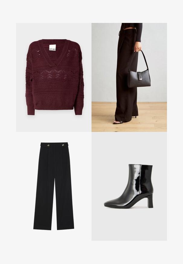 ICHI ASTRA - Pullover - port royale solid; Pantalons larges noirs à taille haute, avec des détails de boutons à la taille et des plis sur le devant.; Bottines en cuir verni noir avec un bout pointu et un talon block de hauteur moyenne. Texture lisse et design minimaliste.; Sac à main noir à la forme structurée, texture lisse et fermoir métallique. Associé à un pantalon noir ample et des sandales ouvertes sur un sol en bois.