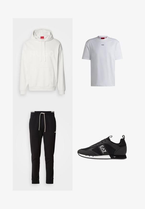 HUGO DITCHLE - Sweatshirt - natural; Weißes Baumwoll-T-Shirt mit kurzen Ärmeln, rundem Halsausschnitt und einem schwarzen "HUGO"-Logo auf der Brust. Glatte Textur, lässige Passform, kein Muster.; Schwarzere Slim-Fit-Jogginghose mit weißem Kordelzug, gerippten Bündchen und subtilen Logo am Oberschenkel auf einem schlichten Hintergrund.; EA7 Emporio Armani Sneaker low - black/white