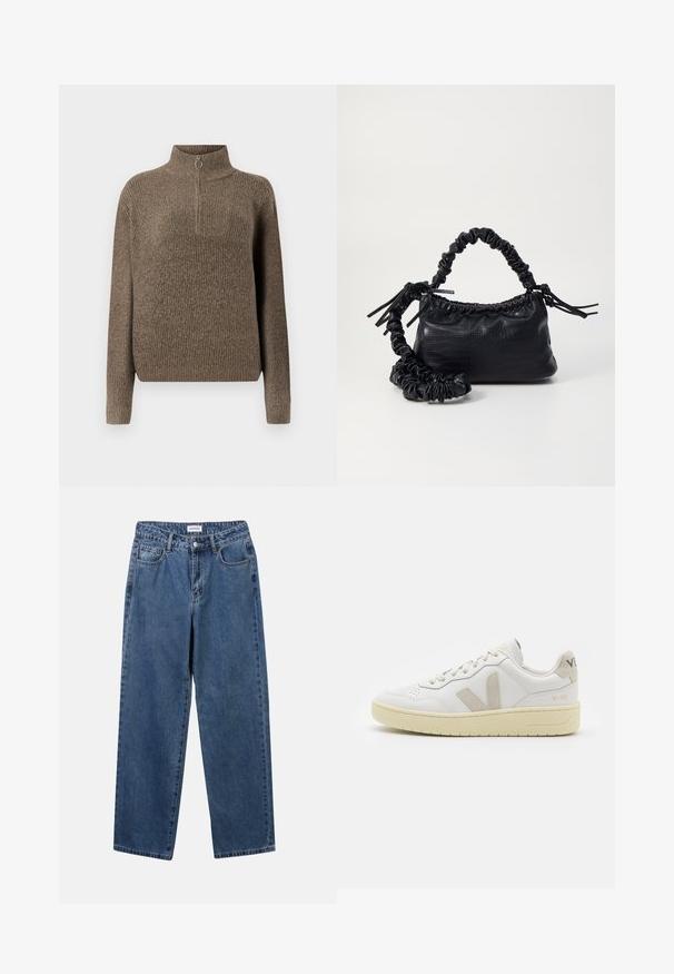 Ruda raštuota megztinė su aukštu kaklu ir priekiu užtraukiamu užtrauktuku su apvaliomis rankenėlėmis. Ilgos rankovės ir laisvas siluetas.; Klasikiniai mėlynos džinsinio audinio džinsai su tiesiomis kojomis, penkiomis kišenėmis ir mygtukų uždarymu. Pasižymi vidutiniu skalbimu ir tvirtu audiniu.; Balti odiniai sportbačiai su kreminiais zomšos akcentais, perforuota pirštų dalimi, plokščiomis raišteliais ir struktūruota kreminėmis padomis. Ant kulno yra subtilus ženklinimas.; Juodas dirbtinės odos rankinė su krokodilo tekstūra, sušnibždinta viršuje ir susikraipytu dirželiu. Atrodo minkšta ir kompaktiška.