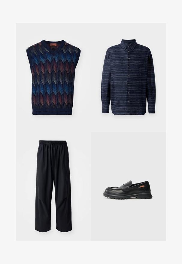 Bezrukávý pletený svetr s cik-cak vzorem v modrých, červených a námořnických odstínech. Design s výstřihem do V a strukturovaným lemem a okraji.; Námořnická košile na knoflíky s cik-cak vzorem, dlouhé rukávy, standardní límec a knoflíky po celé přední části. Texturovaný povrch.; Henrik Vibskov DRAWSTRING PANTS - Kalhoty - tropical black; Černé kožené loafers s kulatou špičkou, nízkým podpatkem a silnou, texturovanou gumovou podrážkou. Obsahují našitou akcentu a malé logo na boku.