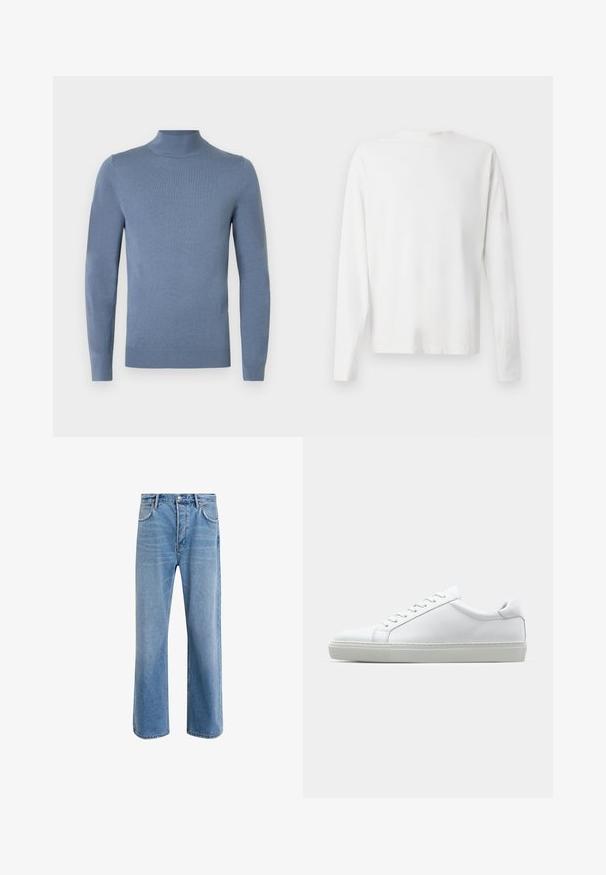 Svetlo modri pulover z visokim ovratnikom iz pletenega blaga, z dolgimi rokavi, rebrastim ovratnikom in robom. Preprost dizajn brez vidnih vzorcev.; Bela bombažna srajca z dolgimi rokavi in okroglo ovratnikom, z bočnimi razporki na dnu in gladko teksturo, prikazana s hrbtne strani.; Svetlo modre denim kavbojke s ravno nogavico, petimi žepi, z gumbom za zapiranje, minimalnim zbledelostjo in kontrastnimi šivi.; Bela športna obutev z gladkim usnjenim zgornjim delom in nizkim profilom. Ima zaokrožen nos, šest lukenj za vezalke in teksturiran gumijast podplat.
