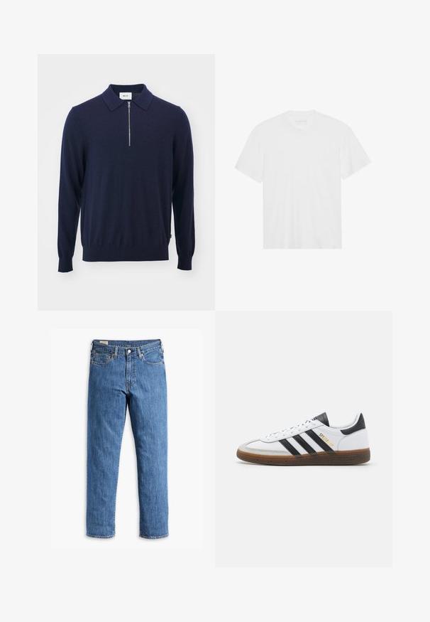 Tums zila adīta džemperis ar apkakli, kuram ir puszips un ribotām piedurknēm, izgatavots no mīksta, gluda materiāla.; Balta kokvilnas t-kreklā ar īsām piedurknēm, apaļu kakla izgriezumu un taisnu apakšmalu. Gluda tekstūra, minimālistisks dizains bez rakstiem vai akcentiem.; Zilā džinsu bikses ar taisnu kāju griezumu, vara kniedēm un piecu kabatu dizainu. Iespējojums ar šūtu apakšmalu un klasisku jostu ar jostu cilpām.; Baltas ādas sneakers ar melniem zamšādas akcentiem, trim melnām svītrām, bēša gumijas zolēm un zelta "SPEZIAL" zīmolu sānos.