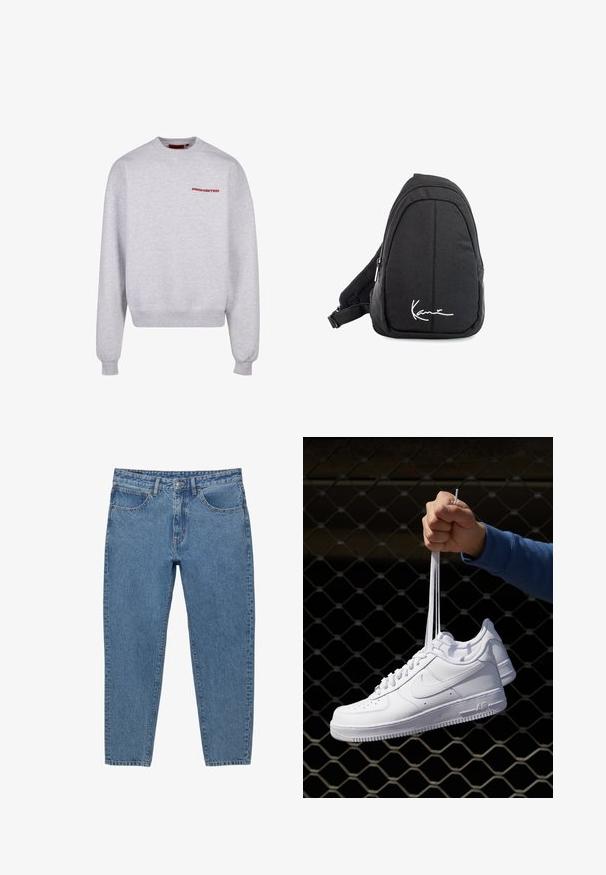 Szürke hosszúujjú pulóver, kerek nyakkivágással, bordás mandzsettákkal és szegéllyel. Elöl piros "PROHIBITED" felirat található. Puha tapintású.; Kék farmernadrág egyenes szárú szabással, öt zsebel és cipzáros zipzárral. Látható varrásokkal és kopott textúrával rendelkezik.; Fehér bőr sportcipők perforációval, kerek orral, lapos talppal és vastag fűzőkkel, látható swoosh logóval és "AIR" felirattal a sarokrészen.; Fekete szövet válltáska sima textúrával, ívelt kialakítással, cipzáras rekesszel, és egy fehér logóval az elején.