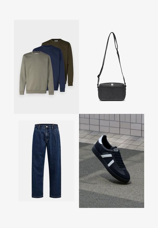 Tři teplákové svetry s kulatým výstřihem v olivově zelené, námořnické modré a světle šedé barvě. Bavlněný materiál s žebrovanými manžetami a spodním lemem. Hladká textury, jednoduchý design.; Tmavě modré džíny s rovnými nohavicemi. Mají viditelné švy, zapínání na knoflík a přední záhyby pro zvýraznění detailu.; Černé kožené tenisky s bílými pruhy, texturovanou gumovou podrážkou a šněrováním vpředu. Obsahují značenou etiketu na jazyku.; Černá kožená taška přes rameno s uzávěrem na zip, vyraženým logem na přední straně a nastavitelným popruhem. Hladký povrch s obdélníkovým tvarem.