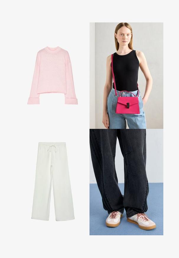 Hellrosa, verkürzter Pullover mit Rundhalsausschnitt, gerippten Bündchen und weicher Textur. Hergestellt aus leichtem Strickmaterial.; Weiße, weit geschnittene Hose aus weichem Stoff. Mit einem elastischen Bund und einem Kordelzug sowie einer glatten Oberfläche. Keine sichtbaren Muster oder Hardware.; Schwarzeweite Jeans mit Frontnähten, kombiniert mit weißen und blassrosa Sneakern mit Gummisohle und rosa Schnürsenkeln.; Rosa strukturierte Handtasche mit Klappenverschluss und schwarzen Akzenten. Als Umhängetasche mit langem Tragegurt getragen. Glatte Textur.