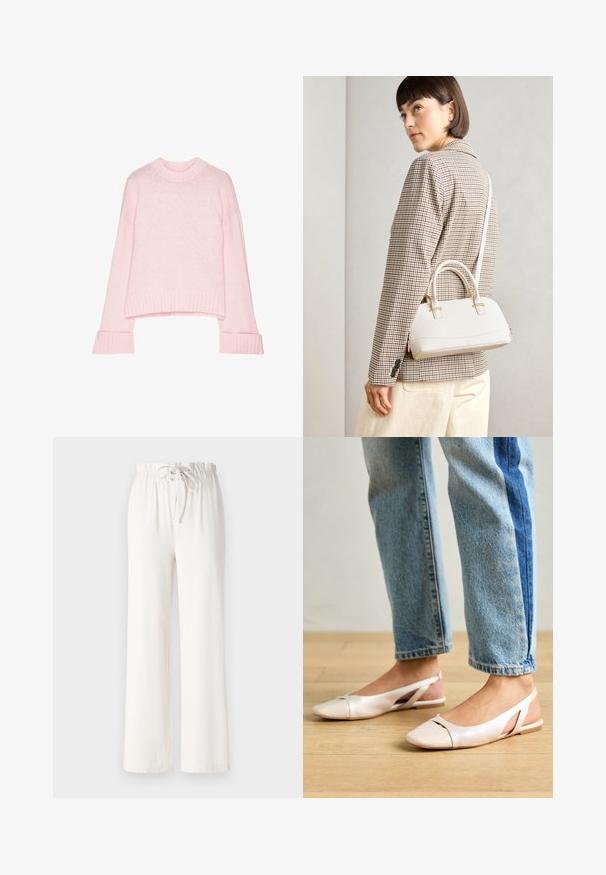 Jasnoróżowy, krótki sweter z okrągłym dekoltem, ściągaczami przy rękawach i miękką fakturą. Wykonany z lekkiego materiału dzianinowego.; Białe spodnie w szerokim kroju wykonane z miękkiego materiału, z elastycznym paskiem w talii i gładką fakturą. Brak widocznych wzorów lub ozdób.; Jasnoróżowe baleriny na odkrytej pięcie z wąskim noskiem, wykonane z gładkiego materiału imitującego skórę. Posiadają wycięcia po bokach oraz płaski obcas.; Biała torebka o strukturalnym kształcie z krótkimi uchwytami i paskiem na ramię, z złotymi akcentami i teksturowanym materiałem, prezentowana na szarym tle.