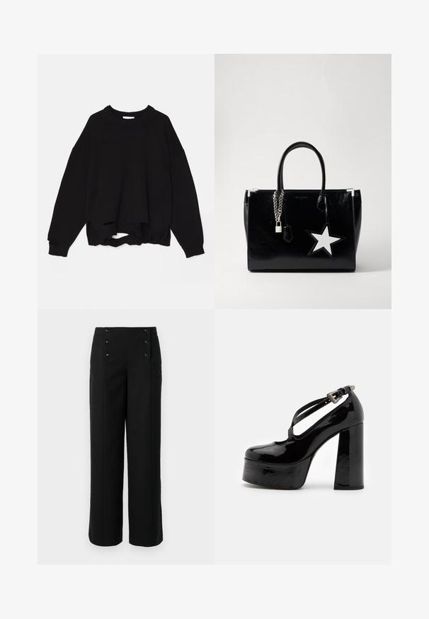 Helmut Lang CREW - Pullover - black; Pantalons larges noirs en tissu lisse, avec une taille haute et cinq boutons sur le devant pour la fermeture. Design élégant et ajusté.; The Kooples CHAUSSURES - Escarpins à talons hauts - black; Sac à main en cuir verni noir avec une forme épurée. Il dispose de quincailleries en chaîne argentée, d'un verrou et d'un accent en étoile blanche sur le côté.