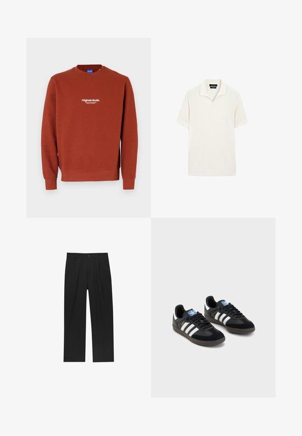 Sweatshirt v barvě rzi vyrobený z měkké látky. Má kulatý výstřih a dlouhé rukávy. Na přední straně je bílej text, který zobrazuje "Originals Studio."; Polo tričko s krátkým rukávem v krémové barvě s žebrovanou texturou a plochým límcem. Má rovný spodní lem a měkký materiál pro pohodlí.; Černé kalhoty s rovnými nohavicemi, vyrobené z hladké tkaniny. Mají přední záhyby a jedno knoflíkové zapínání v pase.; Černé tenisky s vrškem z semiše a syntetického materiálu, s třemi bílými pruhy, texturovanou gumovou podrážkou a modrou nášivkou loga na jazyku.