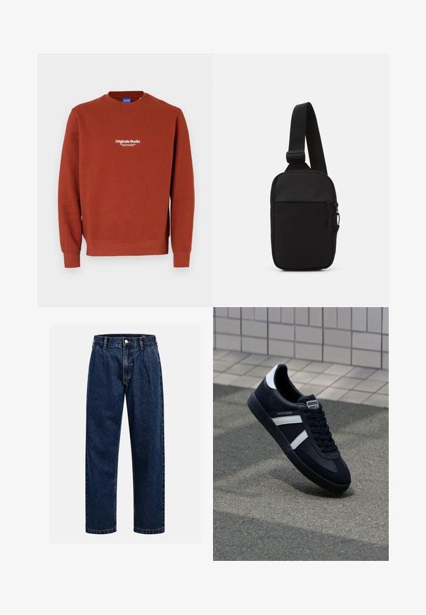 Rust-colored sweatshirt made from soft fabric. Features a crew neckline and long sleeves. White text on the front displays "Originals Studio."; Dark blue denim jeans with a straight-leg design. Features visible stitching, a button closure, and front pleats for added detail.; Black leather sneaker with white stripes, textured rubber sole, and lace-up front. Features a branded label on the tongue.; Black crossbody bag made of durable fabric, featuring a single adjustable strap, a zippered main compartment, and a front pocket.