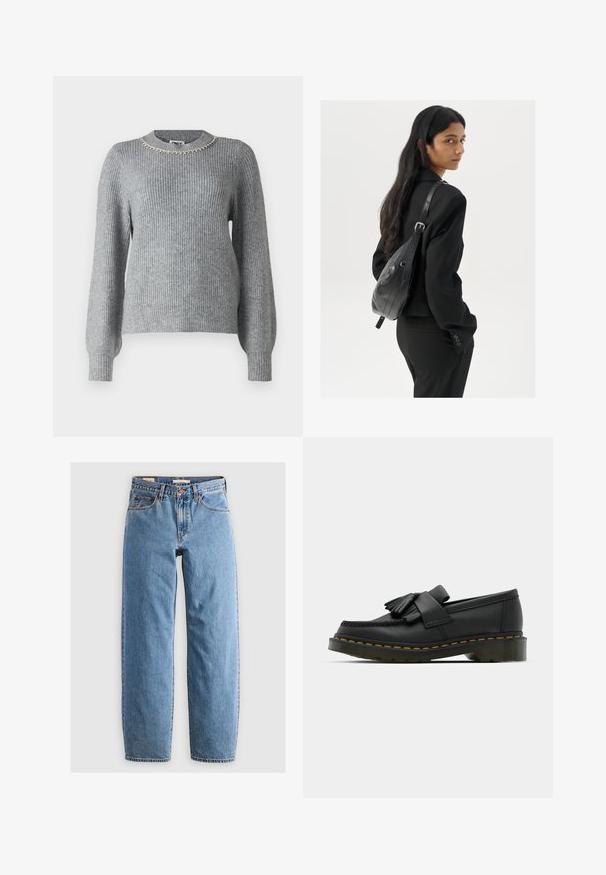 Szürke kötött pulóver hosszú ujjakkal, bordázott textúrával és kerek nyakkivágással, ezüst díszítés díszíti.; Világoskék farmernadrág egyenes szárú dizájnnal, öt zsebbel, cipzáras nyitással és finom kopott textúrával. Klasszikus stílus minimális hardver használattal.; Fekete bőr loaferek, lekerekített orral, frufru részlettel és díszes pánttal az elején, vastag sarokra szerelve.; Hosszú, sötét hajú nő fekete öltönyben, fekete bőrtáskával a vállán, a vállán át néz a fehér háttér előtt.