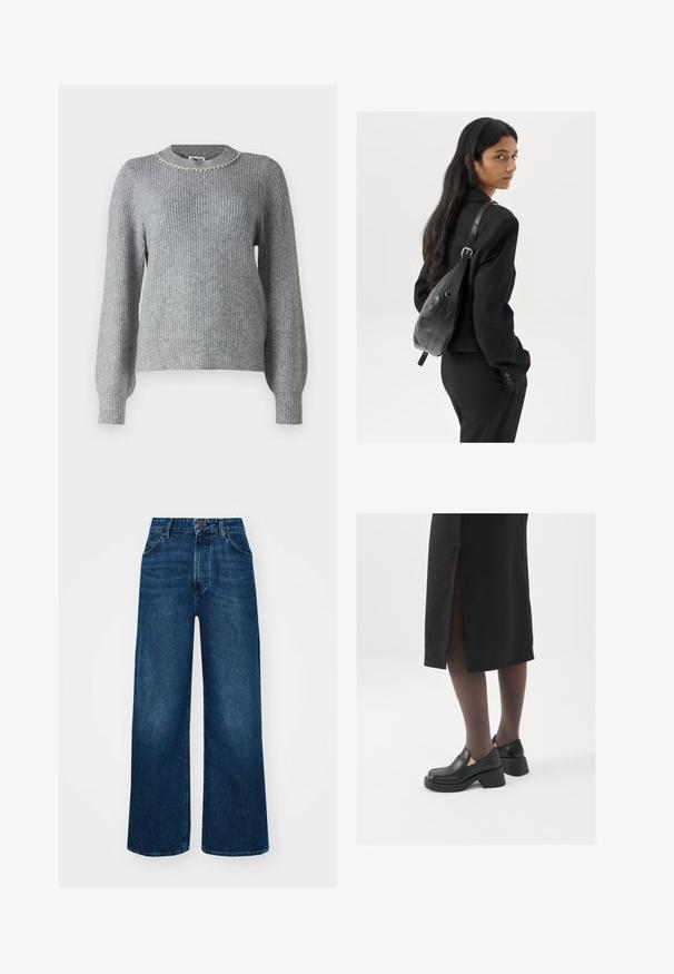 Suéter cinza de malha com mangas longas, textura canelada e um decote redondo adornado com detalhes prateados.; Jeans de cintura alta e pernas largas em denim azul escuro com uma textura suave, costuras em contraste e design de cinco bolsos. Fecho frontal com botão.; Sapatos de couro pretos com bico arredondado, salto bloco grosso e detalhes elásticos laterais, combinados com meias escuras e uma saia preta com uma abertura.; Mulher com cabelo longo e escuro, vestindo um fato preto, carregando uma mala de ombro em pele preta, olhando por cima do ombro contra um fundo branco.