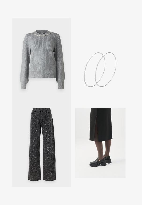 Sivý pletený sveter s dlhými rukávmi, rebrovanou textúrou a okrúhlym výstrihom zdobeným striebornými ozdobami.; Noisy May NMJANNEL LOOSE - Džínsy voľného strihu - black denim; Čierne kožené topánky s okrúhlou špičkou, silným blokovým opätkom a elastickými bočnými akcentmi, skombinované s tmavými pančuchami a čiernou sukňou so štiepením.; Strieborné kruhové náušnice s minimalistickým dizajnom. Cirkulárny tvar, hladký povrch a tenký profil. Ľahké s lesklým povrchom.