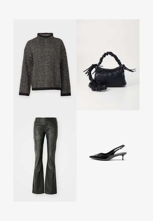 Selected Femme SLFLULU HERRINGBONE HIGH NECK - Jumper - black/birch; Black faux leather flared jeans with front pockets, a metal button closure, and a slightly textured surface. Straight leg with a long cut.; Black leather slingback heels with a pointed toe, low kitten heel, and gathered detail on the vamp. Smooth texture and minimalist design.; Black faux leather handbag with a crocodile texture, cinched top, and a scrunched strap. Appears soft and compact in design.