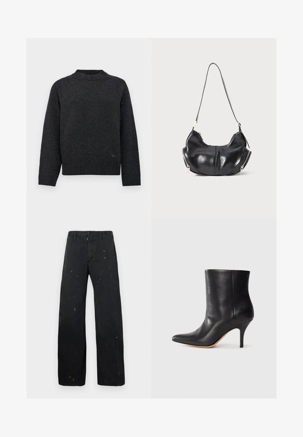 Tamsiai pilkas megztinis su dryžuota apykakle ir rankogaliais. Lygus paviršius, laisvas kirpimas ir subtilus prekės ženklo detalė apatinėje dalyje.; MM6 Maison Margiela PANTS - Laisvo kirpimo džinsai - black; Juodos odinės kulkšninių botų su smailiu nosiu, siauru stiletto kulnu ir lygia tekstūra. Minimalistinis dizainas, be matomų aparatūros ar akcentų.; Juodas odinis pusmėnulio formos peties krepšys su sidabriniais užtrauktukais abiejuose šonuose ir vienu dirželiu.