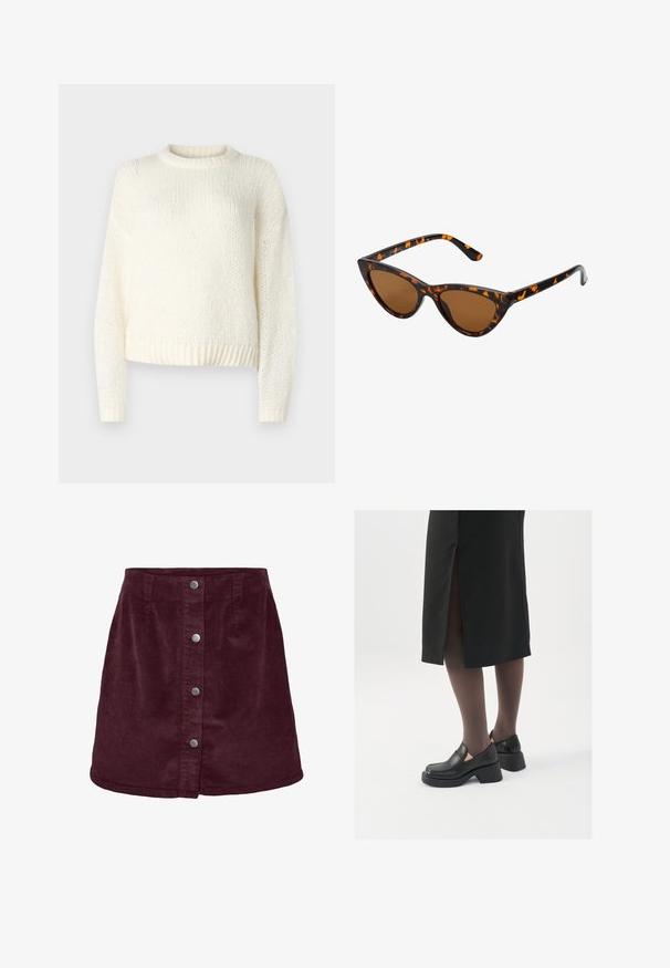 Lahki, pleteni smetanast pulover z dolgimi rokavi, okroglim ovratnikom in rebrastim robom. Teksturovan material z ohlapnim, sproščenim krojem.; Bordo kordna mini krilo z A-linijsko obliko, ki ima pet srebrnih gumbov na sprednji strani in subtilno teksturo rib.; Črne usnjene čevlje s zaobljenim prstom, debelim blokastim petama in elastičnimi stranskimi detajli, v kombinaciji s temno nogavicami in črno krilo z razporkom.; Mačje oči sončna očala z okvirom v črno-oranžni želvej ohišji, rjavimi lečami in elegantnimi, ostrimi konicami. Imajo minimalistični logo na ročaju.