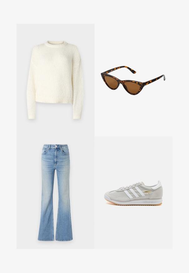 Pulover ușor tricotat, de culoare crem, cu mâneci lungi, decolteu rotund și tiv cu model. Material texturat, cu o croială largă și relaxată.; Blugi evazați de culoare albastru deschis, confecționați din denim, cu talie înaltă, design cu cinci buzunare și o ușoară estompare a culorii spre tiv.; Tenis light grey din suede și plasă, cu trei dungi albe, vârf rotund și o talpă din cauciuc gumă. Accente de logo aurii lângă șireturi.; Ochelari de soare în stil cat-eye, cu o ramă din material cu tortoiseshell negru și portocalie, lentile maro și vârfuri elegante, ascuțite. Prezintă un logo minimal pe brățara ochelarilor.
