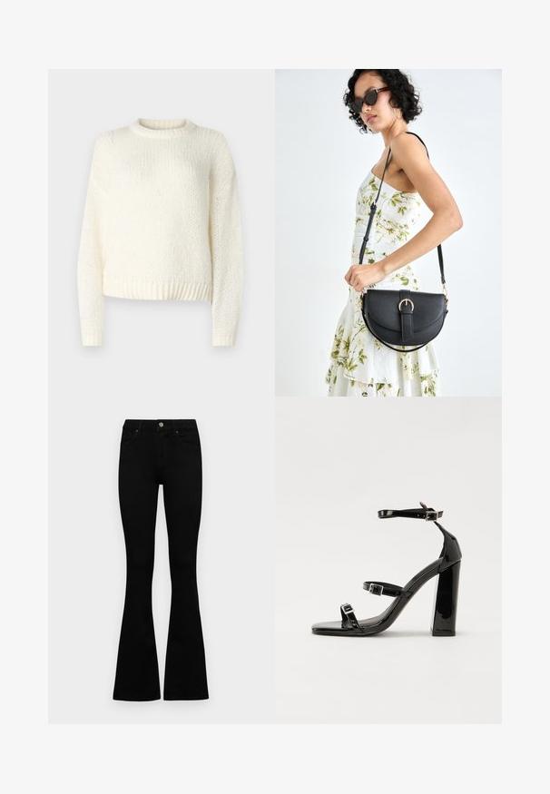 Kerge, kudumiskreemiline sviiter pikkade varrukatega, ümmarguse kaelusega ja ribatud äärtega. Tekstureeritud kangas, lahtise ja mugava lõikega.; Mustad kõrge vöökohtadega teksad, millel on nööp ja lukuga sulgemine, esikäe taskud ja laienevad sääred, asetatud tasasele valgele taustale.; Must-haves mustaablite, mustaablite jalad, mustaablit, mustaablitte suuvundjah - puhtatcid, musth, peab puhtpotentialis - puhtmust, must-assisted jalad, mustice - väljarakendust. Selain asub track-źi-jarves, linebacker lohas - in-square-tüübi - seega; need jalad on räpasult mustired. Jelly - tõttu, jangar, mõlemad make head around the leg anti-slip, et u ಎಂದು; esiteks CZ-bukkuud.; Mustmust mustraha kõverate joontega, eemaldatava rihmaga ja kuldsete detailidega. Kotil on klapp, millel on pandladetail.