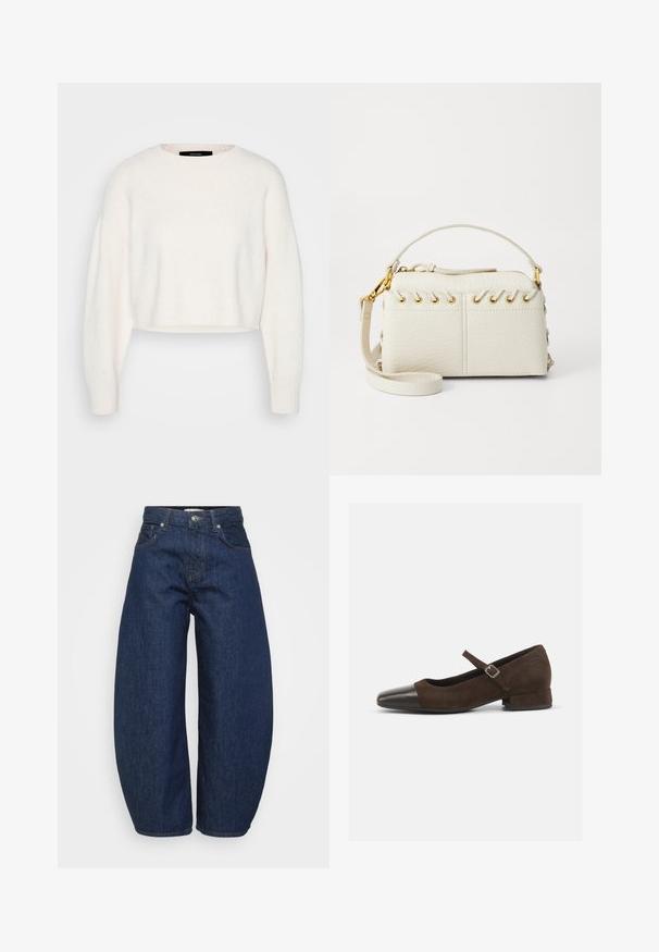 Weißer, kurzer Pullover aus weichem Material, mit rundem Halsausschnitt und langen, leicht übergroßen Ärmeln mit gerippten Bündchen.; Hochtaillierte dunkelblaue Denim-Jeans mit weitem Bein, Knopf- und Reißverschluss vorne sowie klassischem Fünf-Taschen-Design.; Braune Wildleder-Mary-Jane-Schuhe mit einer schwarzen Lackleder-Zehenspitze, verstellbarem Riemen und einem niedrigen Blockabsatz. Glatte Textur mit minimalen Akzenten.; Weiße Kunstlederhandtasche mit einem oberen Reißverschluss, einem kurzen Griff und einem abnehmbaren Schultergurt mit goldfarbener Hardware. Seitliche Schnürdetails.; Silberne Creolen mit polierter Oberfläche, die kleine goldene Akzentdetails und eine runde Form aufweisen, am Ohrläppchen getragen.