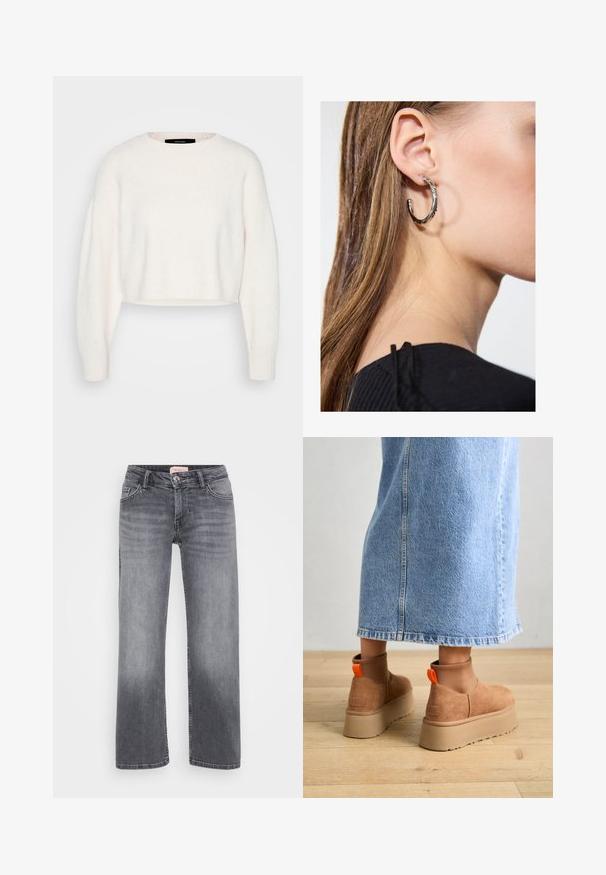 Witte cropped sweater gemaakt van zacht materiaal, met een ronde halslijn en lange, licht oversized mouwen met ribgebreide manchetten.; Grijze denim jeans met een recht gesneden ontwerp, vijf zakken stijl, subtiele vervaging en een knoopsluiting in de taille.; Bruine suède platformlaarzen met elastische zijkanten en oranje trekbandjes, gecombineerd met een lichtdenim rok tot de knie op een houten vloer.; Zilveren oorbel met een gepolijste afwerking, met kleine gouden accentdetails en een ronde vorm, gedragen op de oorlel.