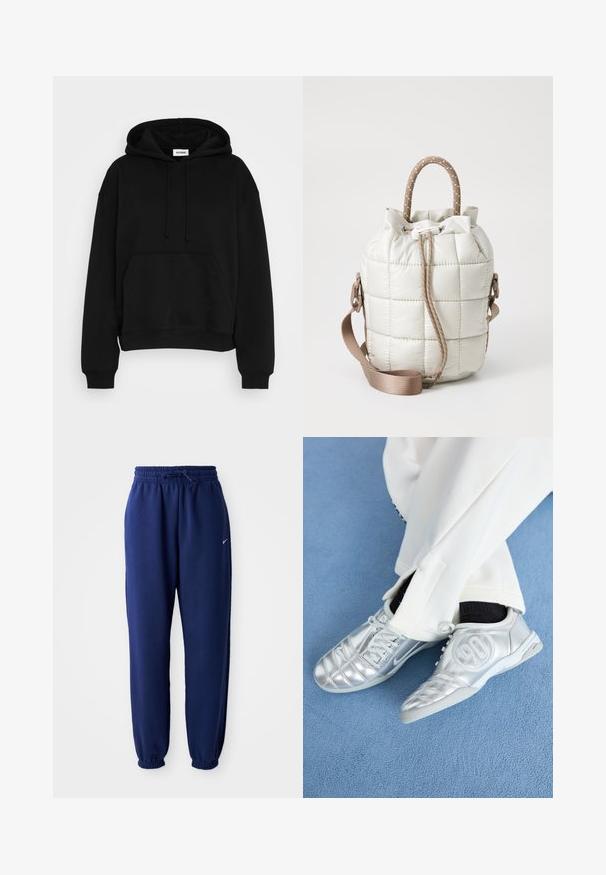 Sudadera negra con capucha, bolsillo canguro en la parte delantera, puños y dobladillo acanalados. Hecha de material suave, con cordones ajustables.; Pantalones de chándal azul marino hechos de una tela suave, que cuentan con una cintura elástica con cordón, puños elásticos y un pequeño logo blanco.; Zapatillas deportivas plateadas con un acabado suave y brillante, que presentan un diseño cosido y el número 90 en el lateral, combinadas con pantalones blancos.; Bolso acolchado de color beige claro con parte superior fruncida, que cuenta con un asa trenzada y una correa desmontable. Textura suave con un ligero brillo.