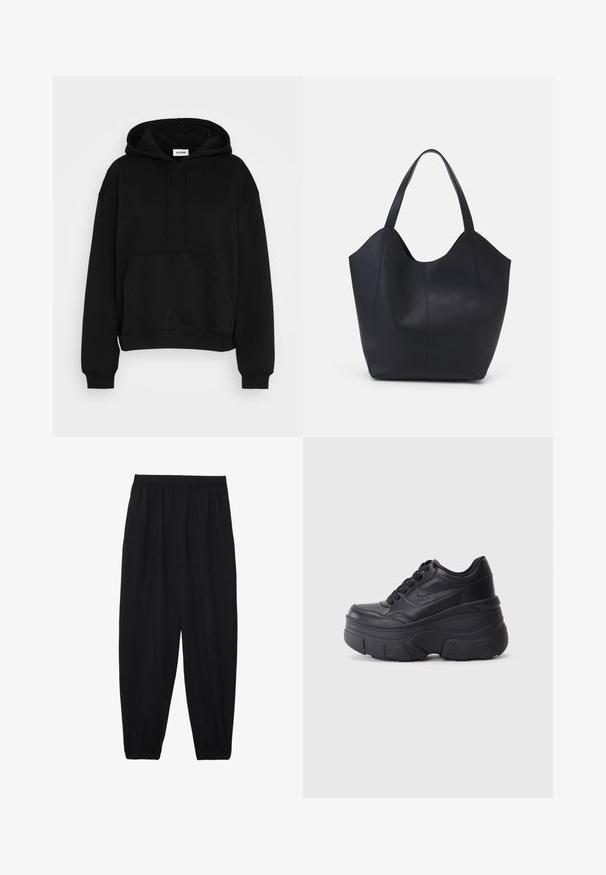 Černá mikina s kapucí, má přední klokani kapsu, pružné manžety a lem. Vyrobena z měkkého materiálu, s nastavovacími šňůrkami.; Černé, lehké kalhoty s elastickým pasem a nařasenými kotníky. Tkanina je hladká a má uvolněný, zúžený design.; Černé šněrovací tenisky s robustní podrážkou, s hladkým koženým svrškem, zaoblenou špičkou a výrazným vrstveným designem platformy.; Černá taška přes rameno vyrobená z hladké kůže, s zakřiveným, otevřeným vrchem a dvěma ramenními popruhy, s minimalistickým designem.