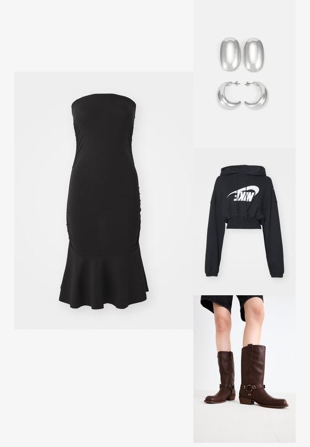 Nike Sportswear CROP DANCE - Felpa - black/sail; Abito nero senza spalline realizzato in tessuto elasticizzato, con arricciature lungo i lati e un orlo svasato. Texture liscia con una silhouette aderente.; Stivali marroni in pelle al ginocchio con punta rotonda, superficie testurizzata, cinturino alla caviglia e dettagli in metallo argentato; tacco impilato.; Set di orecchini argento: due orecchini a bottone ovali e due orecchini a cerchio a forma di mezzaluna, caratterizzati da una finitura lucida e liscia e un design arrotondato.