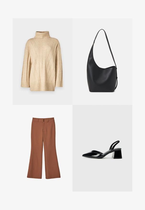 Bež pleteni pulover z visokim rebrastim ovratnikom, širokimi rokavi in teksturiranim vzorcem z navpičnimi črtami. Rebrast rob na dnu.; Rjave, široke hlače iz mehkega blaga. Imajo dva sprednja gumbka in gladko teksturo brez vidnih vzorcev ali dodatkov.; Črne lakirane slingback pete s koničastim nosom in geometrijsko blokasto peto. Imajo eleganten, minimalističen dizajn in gladko teksturo.; Črna usnjena hobo torba z gladko teksturo, ukrivljeno obliko in eno nastavljivo naramnico; ima širok odprtina na vrhu.