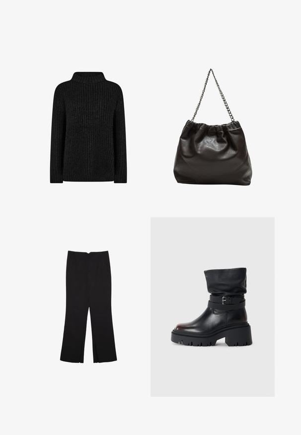Černý pletený svetr s vysokým, skládacím límcem. Má strukturovaný rib výplet, dlouhé rukávy a uvolněný střih.; Černé kalhoty s rovným střihem, s předními kapsami a bočními rozparky na lemu. Vyrobené z jemné, hladké tkaniny. Vhodné na různé příležitosti.; Černé kožené kotníkové boty s volným horním dílem, detailem přezky a silnou, robustní podešví. Mají kulatou špičku a hladký povrch.; Hnědá kožená taška se sbíraným vrškem a řetízkovým popruhem. Hladký povrch s lesklým finišem a jemným švem na bocích.
