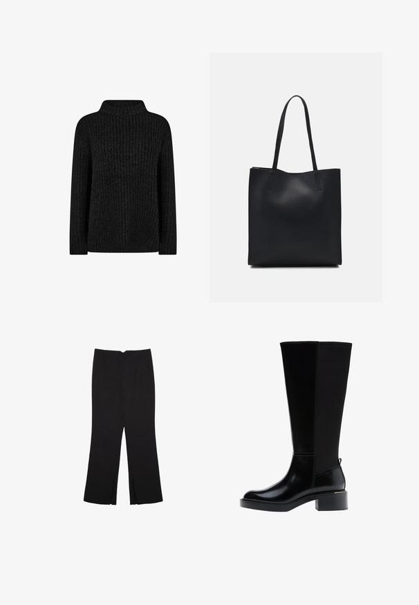 Schwarzer gestrickter Pullover mit hohem, umgeschlagenem Kragen. Präsentiert ein strukturiertes Rippenmuster, lange Ärmel und eine lockere Passform.; Schwarze Hose mit geradem Schnitt, ausgestattet mit Fronttaschen und Seitenschlitzen am Saum. Hergestellt aus weichem, glattem Stoff. Geeignet für verschiedene Anlässe.; Schwarzer kniehoher Stiefel aus glattem Leder, mit markanten Nähten, klobigem Absatz und einer strukturierten Rückseite für zusätzlichen Akzent.; Schwarze Laptoptasche aus Leder mit glatter Textur, rechteckiger Form und zwei langen Griffen. Keine sichtbaren Beschläge oder Verzierungen.