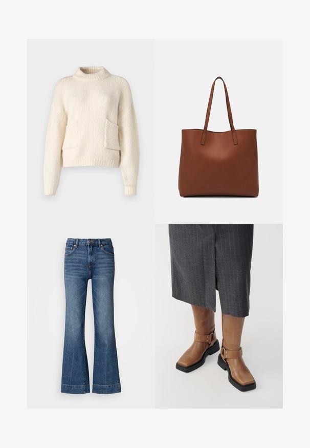 ONLY ONLPIE POCKET - Neule - birch; Kapehtavasta tummansinisestä denimistä valmistetut farkut. Varustettu viidellä taskulla, vyölenkeillä ja oranssilla ompeleella. Sujuva pinta klassisella leikkauksella.; Ruske nahkasaappaat polven korkeudelle suoralla varvalla, mustalla kumipohjalla ja säädettävällä soljella. Yhdistetty harmaaseen raitahameeseen.; Ruskea nahkainen olkalaukku, jossa on sileä pinta, avoin yläosa ja kaksi olkahihnaa. Omaavat vain minimaalisen ompelun eikä näkyvää metalliosaa.