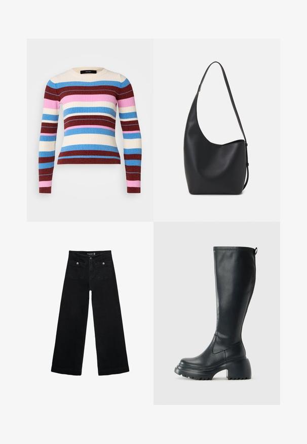 Vero Moda Petite VMCHILI O NECK STRIPE - Neule - birch/blue jasper/fired brick/fuchsia pink; Mustat leveälahkeiset farkut korkean vyötärön kanssa, joissa on kaksi etutaskua ja metalliset nappikoristeet. Kangas on sileä.; Korkeat mustat nahkakengät, joissa on paksu pohja ja lohkare korko, varustettuna vetonauhalla ja tekstuurilla ulkopohjassa.; Musta nahkainen hobo-laukku, jossa on sileä pinta, kaareva muoto ja yksi säädettävä olkahihna; sisäänkäynti on leveä ylhäältä.