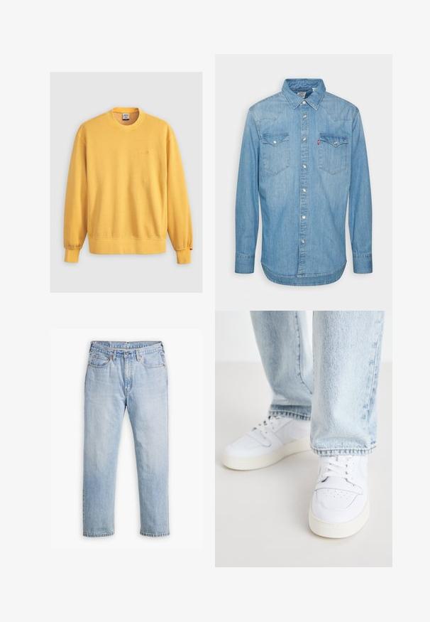 Sudadera amarilla de algodón, con un cuello redondo, puños acanalados y un logo bordado en el pecho. Textura suave.; Camisa de mezclilla azul claro con mangas largas, cuello puntiagudo y dos bolsillos en el pecho. Presenta cierre de botones y dobladillo curvado.; Jeans de mezclilla azul claro con un diseño de pierna recta, estilo de cinco bolsillos y costuras en contraste. Cierre de botón y cremallera en la cintura.; Zapatillas bajas de cuero blanco con puntera perforada, cordones planos y diseño minimalista. Combinadas con pantalones vaqueros de mezclilla azul claro.