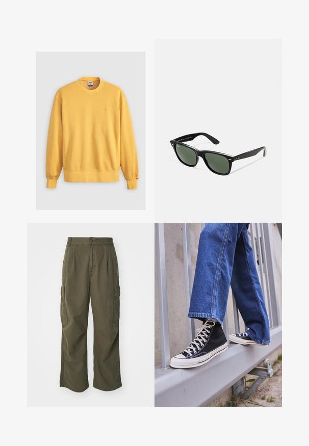 Κίτρινη φούτερ φτιαγμένη από βαμβάκι, με στρογγυλή λαιμόκοψη, ραμμένα μανίκια και κεντητό λογότυπο στο στήθος. Λείο υλικό.; Cargo παντελόνια σε ελιά πράσινο χρώμα, φτιαγμένα από βαμβάκι, με σχέδιο φαρδιάς εφαρμογής, πτυχές και πλαϊνές τσέπες για πρακτικότητα.; Μαύρα ψηλά sneakers με λευκή σόλα και κορδόνια, συνδυασμένα με χαλαρές μπλε τζιν παντελόνες, τοποθετημένα σε μια γκρίζα ράβδο.; Μαύρα πλαστικά γυαλιά ηλίου με πράσινους φακούς, τετράγωνα σκελετά, ασημένια λεπτομέρεια στη ράχη και υφασμένες βραχίονες. Δηλωμένη μάρκα στον εσωτερικό βραχίονα.