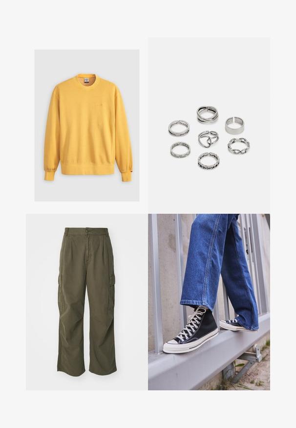 Žltá mikina vyrobená z bavlny, s okrúhlym výstrihom, rebrovanými manžetami a vyšívaným logom na hrudi. Hladká textúra.; Olive zelené cargo nohavice, vyrobené z bavlny, so širokým strihom, záhybmi a bočnými vreckami pre väčšiu praktickosť.; Čierne vysoké tenisky s bielou podrážkou a šnúrkami, kombinované so voľnými modrými riflami, položené na sivej zábradlí.; Sada siedmich strieborných prsteňov s rôznymi dizajnmi, vrátane skrútených, prepojených a gravírovaných vzorov. Rôzne tvary a šírky.