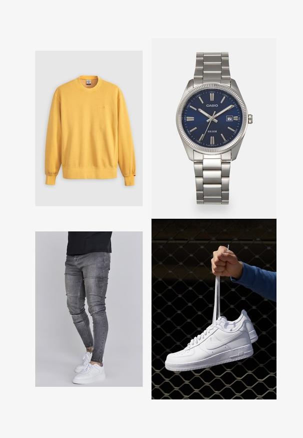 Gele sweatshirt van katoen, met een ronde hals, geribde manchetten en een geborduurd logo op de borst. Gladde textuur.; Skinny jeans in vervaagd grijs denim, met versleten details op de knieën, gecombineerd met witte sneakers. Gladde textuur, slank model.; Witte leren sneakers met perforaties, ronde neus, vlakke zool en dikke veters, met een zichtbare swoosh-logo en "AIR" op de hiel.; Zilveren roestvrijstalen horloge met een marineblauwe wijzerplaat, metalen uurmarkeringen en een datumnis op 3 uur. Waterbestendig tot 50 meter.