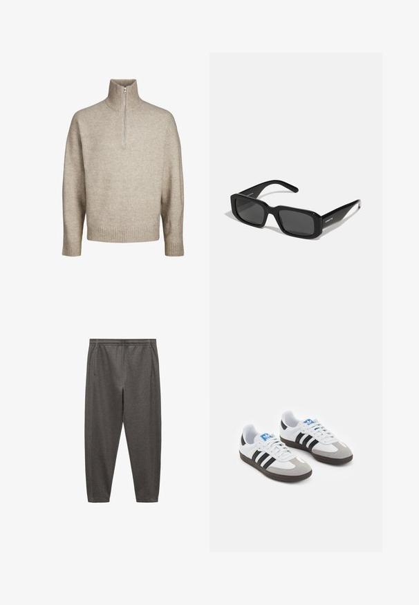 Jack & Jones JOROLLIE HALF ZIP - Pullover - atmosphere; Pantalons de jogging gris en tissu doux, avec une taille élastique, des poches latérales et une conception de jambe fuselée.; Baskets avec une tige en cuir blanc, un bout en daim gris et trois bandes noires. Présente un logo bleu sur la languette et une semelle en caoutchouc texturée.; Arnette THEKIDD UNISEX - Lunettes de soleil - black